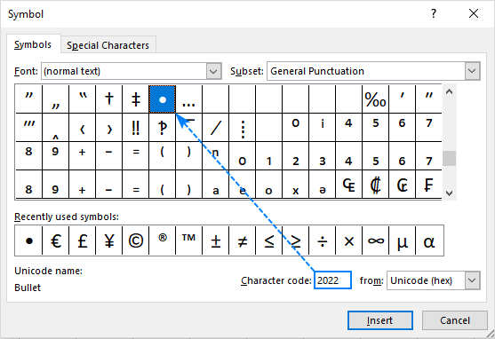 keyboard command for bullet point