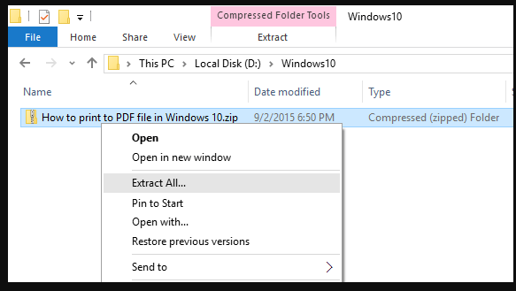 Unzip Compressed files on Windows 10