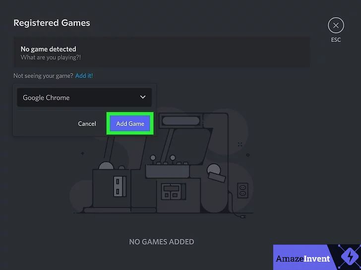 Step 7 — Click "Add Game" to register your browser as a Discord game source
