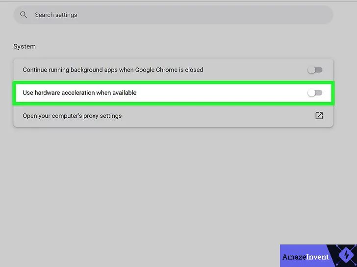 Step 3 — Toggle off "Use graphics acceleration when available" in Chrome System settings
