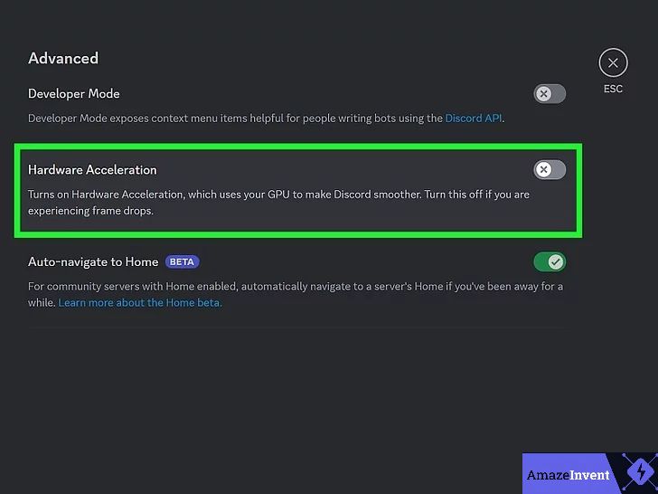 Step 4 — Turn off the Hardware Acceleration toggle and restart Discord
